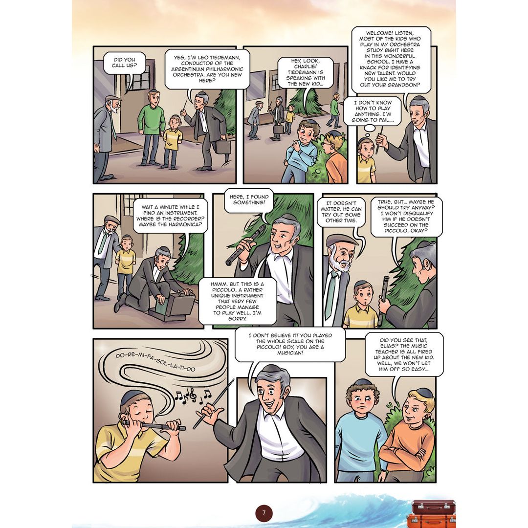 Comic panel page — Luis walks past hostile onlookers along a garden path