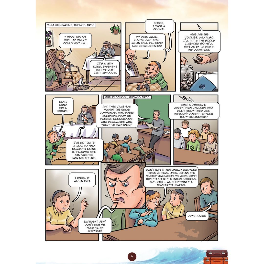 Comic panel page — a man questions Luis sharply inside an office