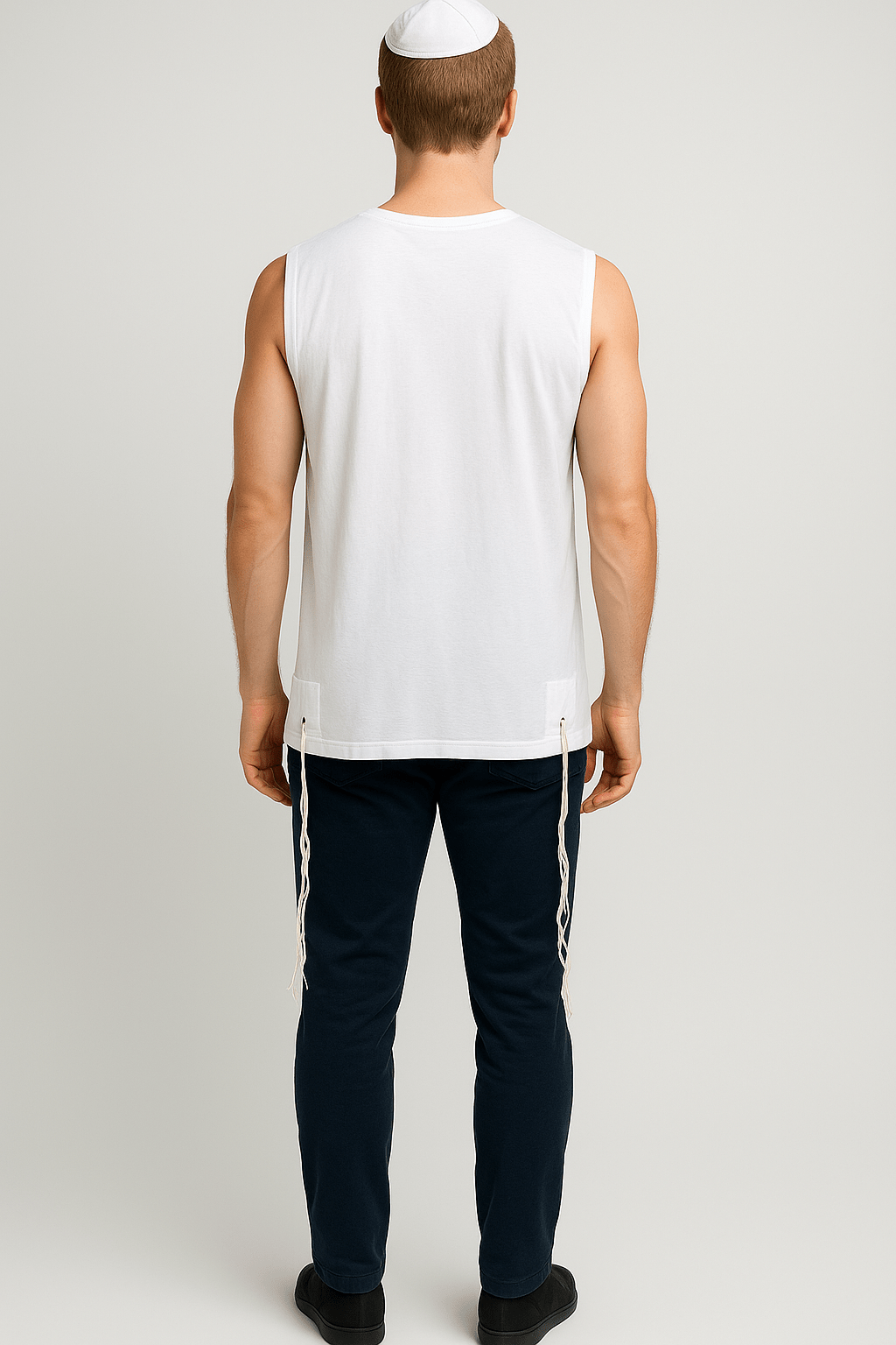 Men's white cotton tzitzit t-shirt back view
