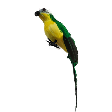 Green and yellow hanging decorative bird for a sukkah