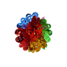 Multicolor foil hanging flower ball with petal-shaped cutouts in blue, red, green, purple and gold