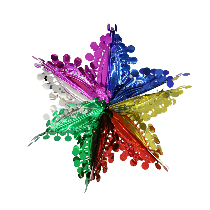 Dimensional multicolor foil star with rounded decorative tips in purple, blue, silver, green, gold and red