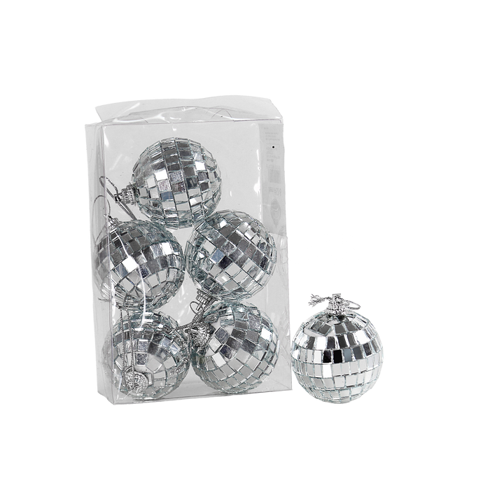 Pack of six silver mirrored hanging balls for a sukkah