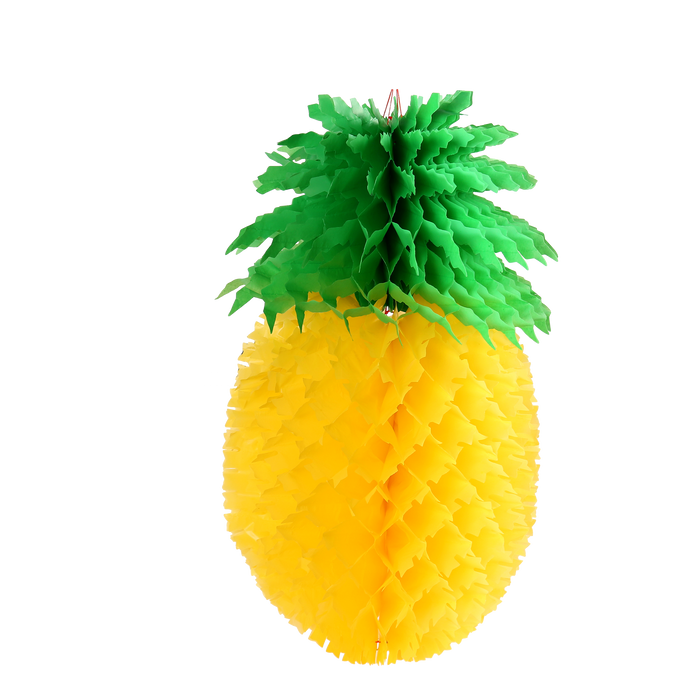 Yellow honeycomb pineapple decoration with green leaves for a sukkah
