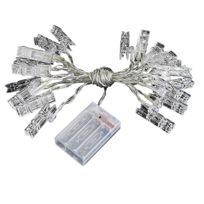 Clear clip-on LED string lights with battery box for a sukkah