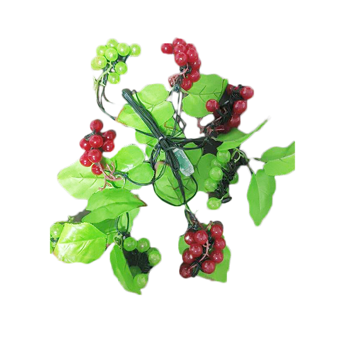 LED grape-vine decoration with green leaves and multicolored grapes