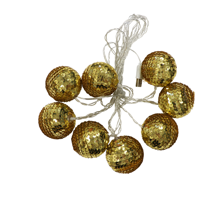 Gold sequin ball LED string lights for a sukkah