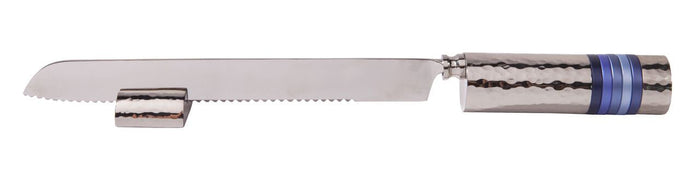 Emanuel Challah Knife Hammered with Rings-- Blue Rings (EM-NSD2)