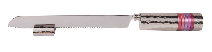 Emanuel Challah Knife Hammered with Rings-- Pink Rings (EM-NSD3)