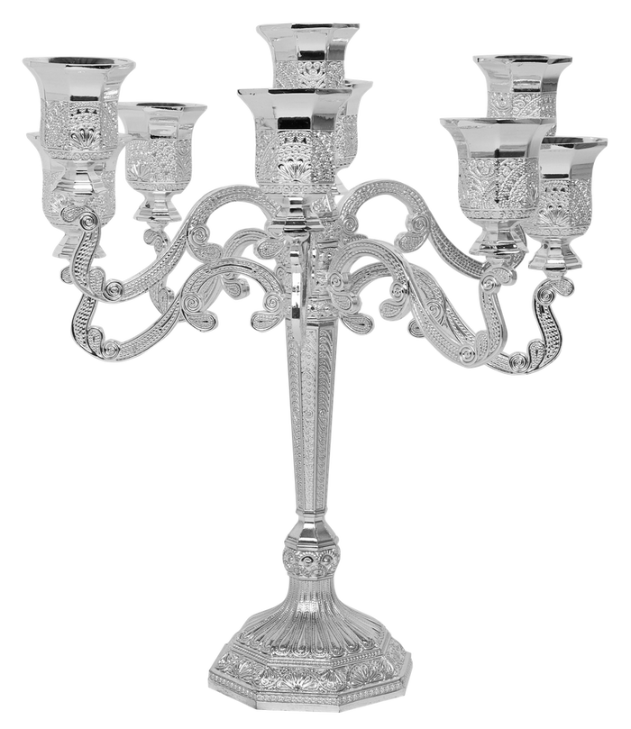 Nua 9-inch silver-plated 9-light filigree candelabra, front view