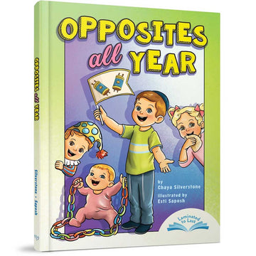 Front cover — family holding a dreidel and toys, Opposites All Year