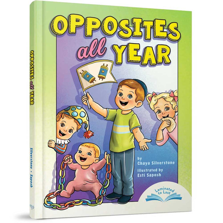 Front cover — family holding a dreidel and toys, Opposites All Year