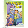 Front cover — family holding a dreidel and toys, Opposites All Year