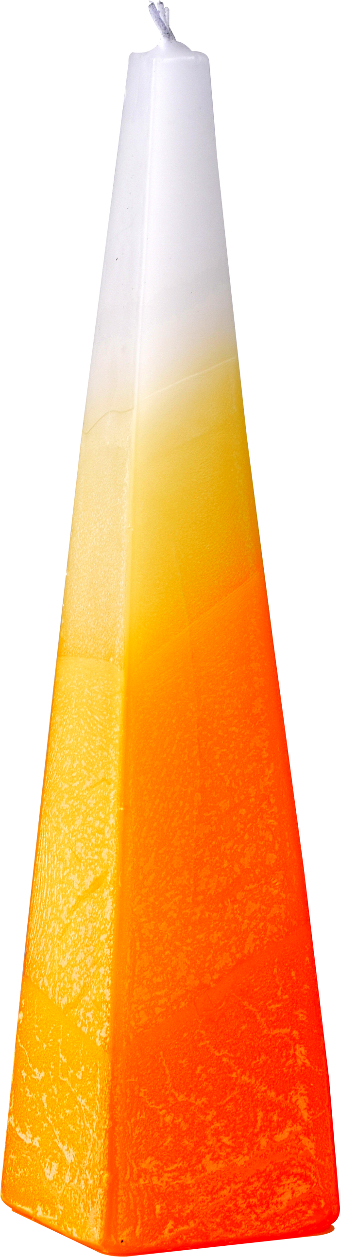 Orange sculpted pyramid Havdalah candle with wick at the apex