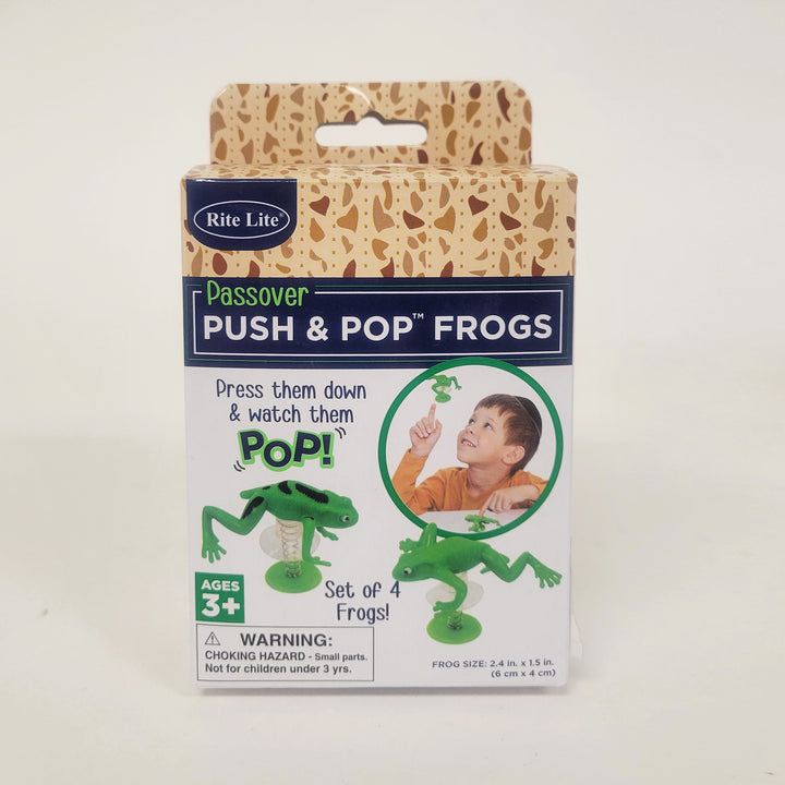 Set of four Rite Lite Push and Pop plastic Passover frogs in a color box