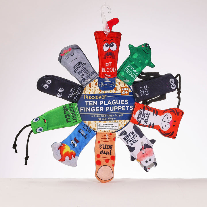 Rite Lite Passover Ten Plagues plush finger puppets on the retail card, one puppet for each plague
