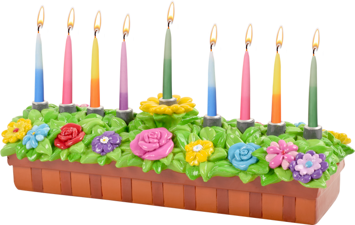 Hand-painted resin Chanukah menorah with colorful planter-box flowers