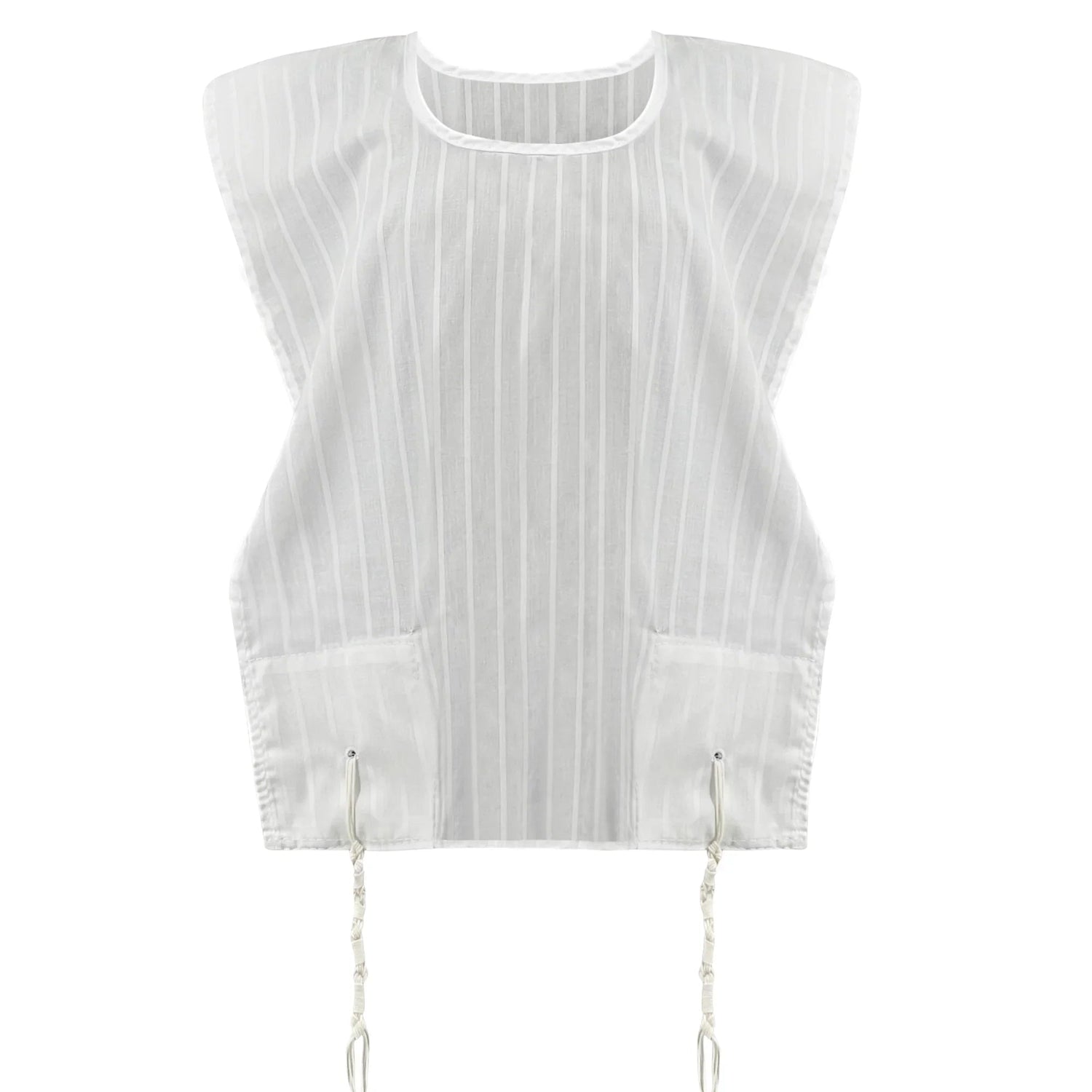 White sleeveless tzitzit shirt with thin stripes on white background