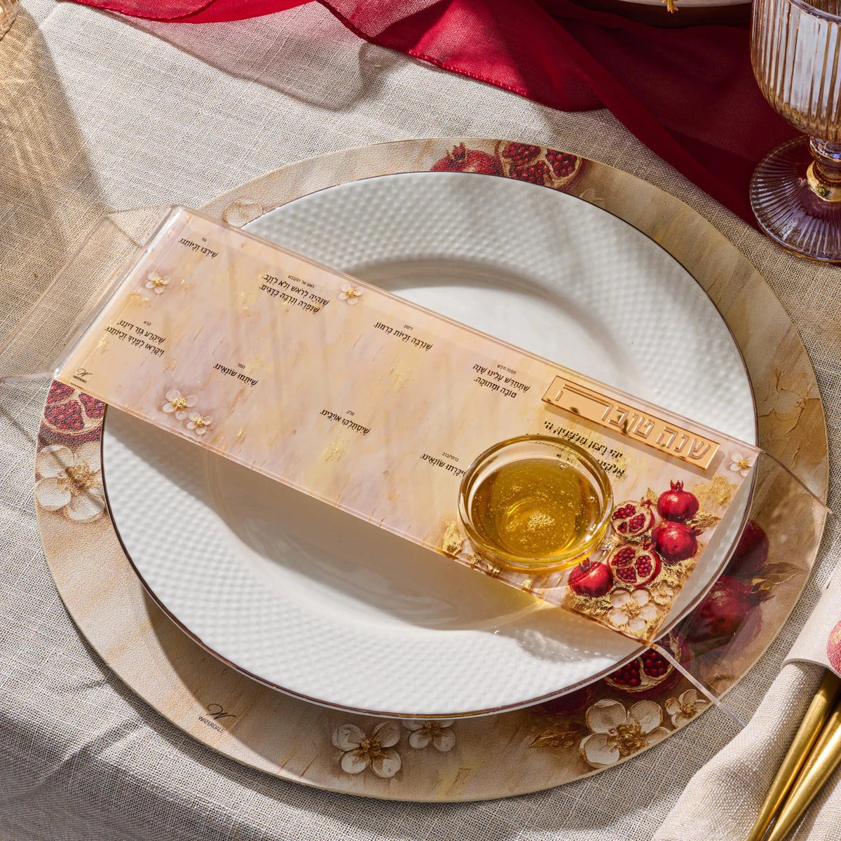 Painted pomegranate Lucite simanim tray with removable glass honey dish