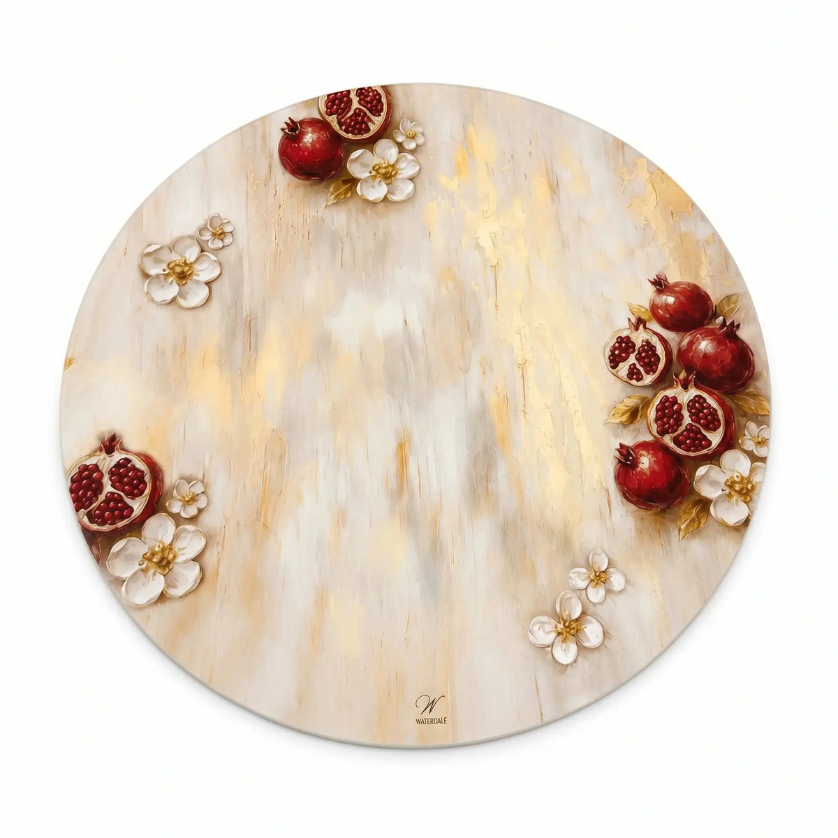 Round pomegranate-painted leatherette Rosh Hashanah charger plate