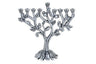 Silver metal tree menorah with leafy branches and small pomegranates on a round petal base