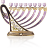 Purple harp-shaped metal Chanukah menorah with jewel-like accents