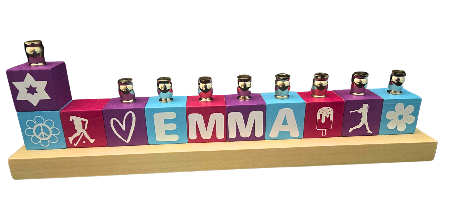 Personalized name block menorah — hand-painted blocks with vinyl letters and nickel cups | Judaica Square Lakewood (view 18)