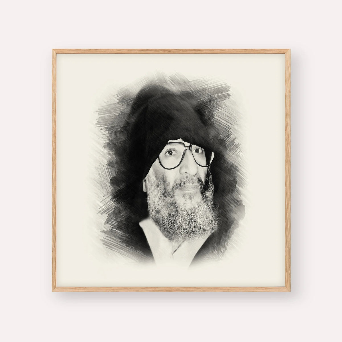 Rabbi Elazar Abuhatzeira (Baba Elazar), black & white portrait with wood frame; square format example