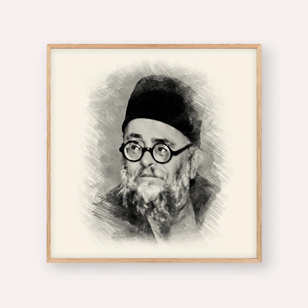 Rabbi Ezra Attiya, black & white portrait with wood frame; square format example
