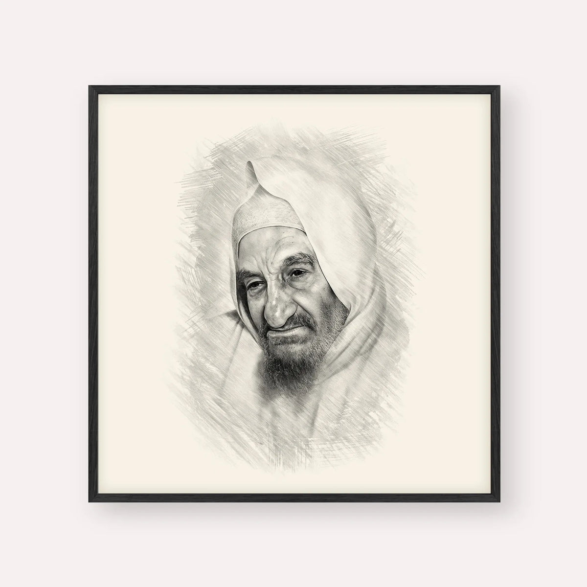 Rabbi Israel Abuhatzeira (Baba Sali), black & white portrait with black frame; square format example