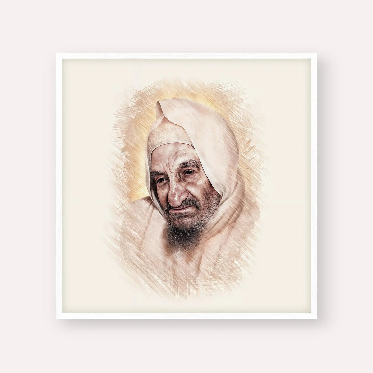Rabbi Israel Abuhatzeira (Baba Sali), color portrait with white frame; square format example