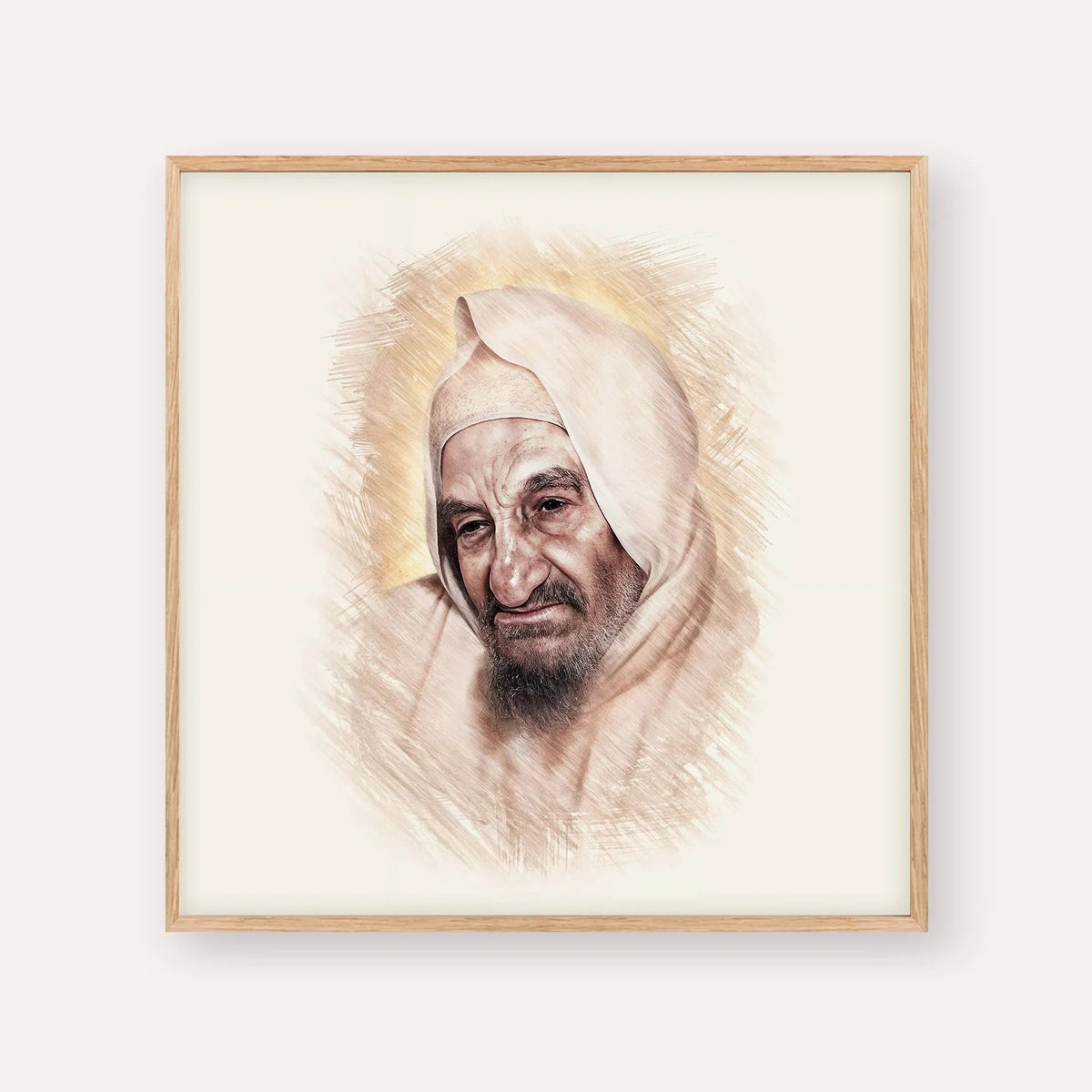 Rabbi Israel Abuhatzeira (Baba Sali), color portrait with wood frame; square format example