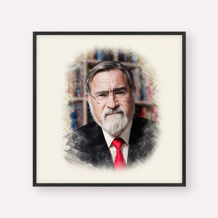 Rabbi Jonathan Sacks, color portrait with black frame; square format example