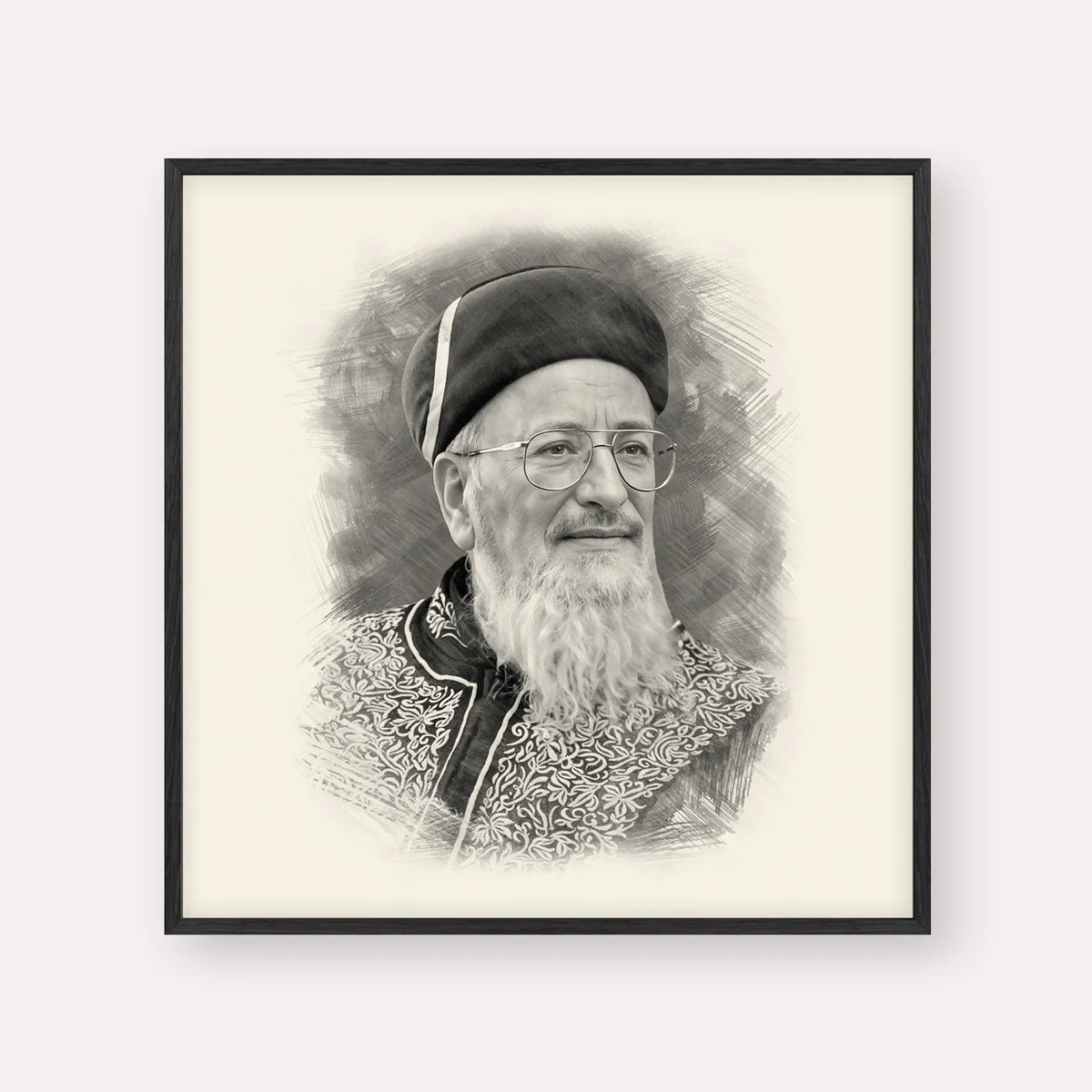 Rabbi Mordechai Eliyahu, black & white portrait with black frame; square format example