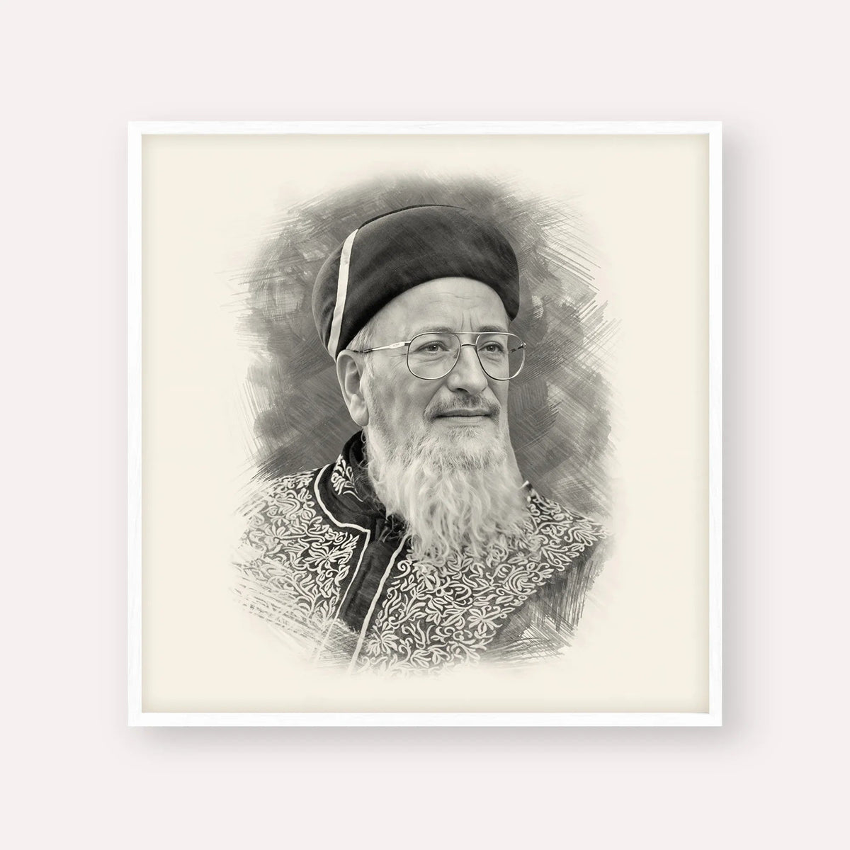 Rabbi Mordechai Eliyahu, black & white portrait with white frame; square format example