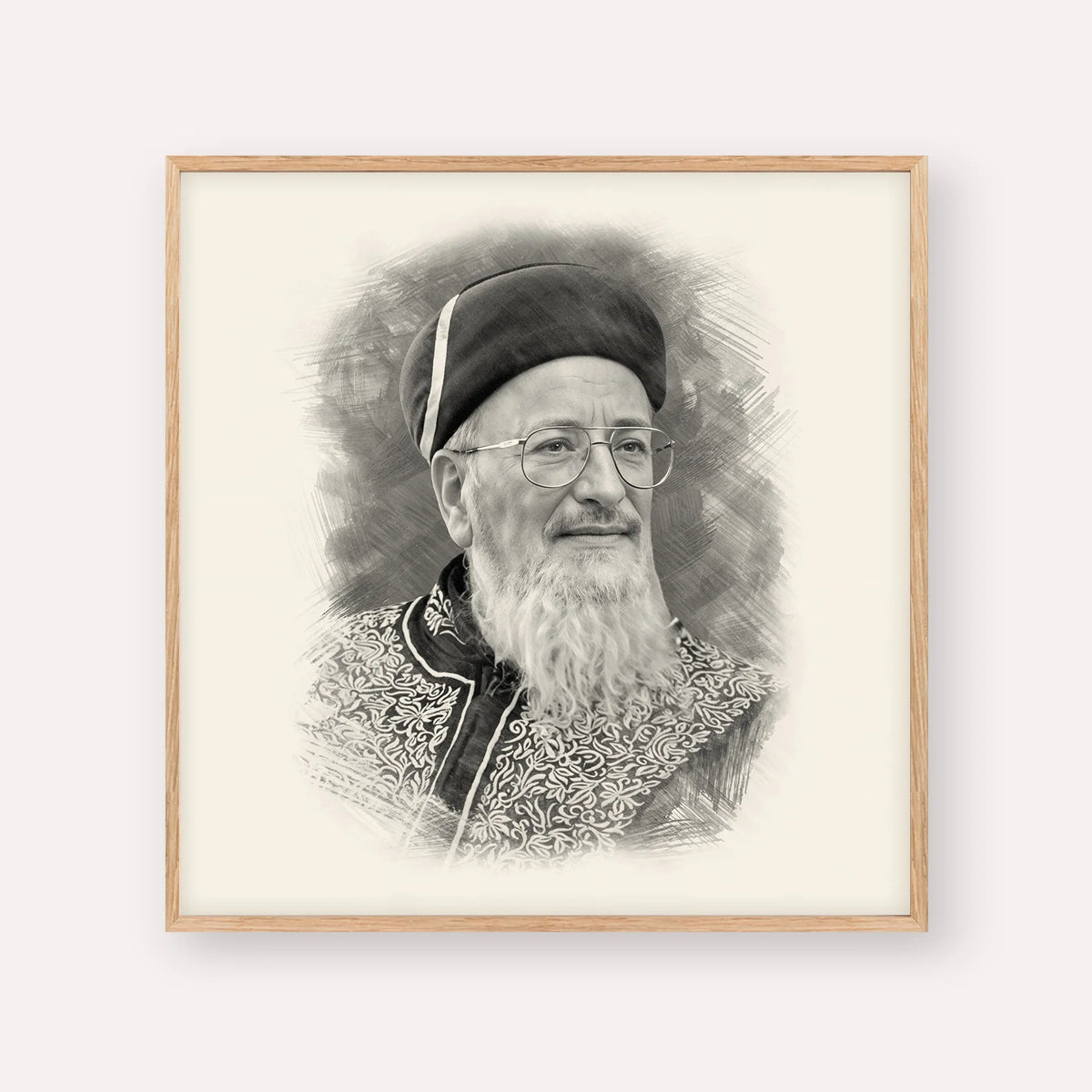 Rabbi Mordechai Eliyahu, black & white portrait with wood frame; square format example