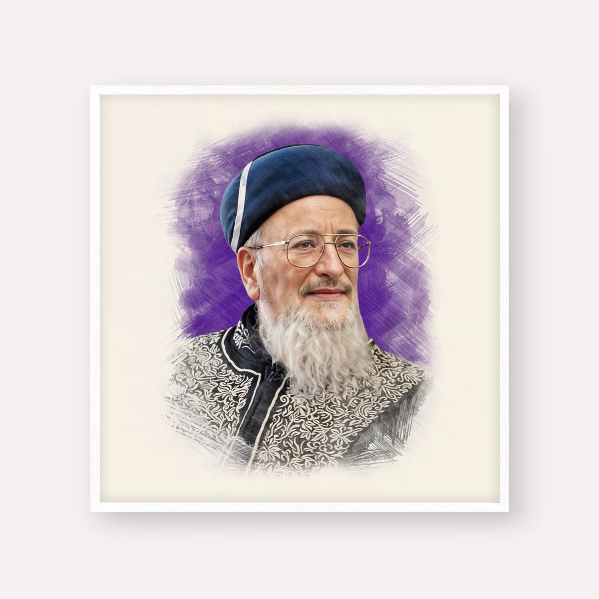 Rabbi Mordechai Eliyahu, color portrait with white frame; square format example