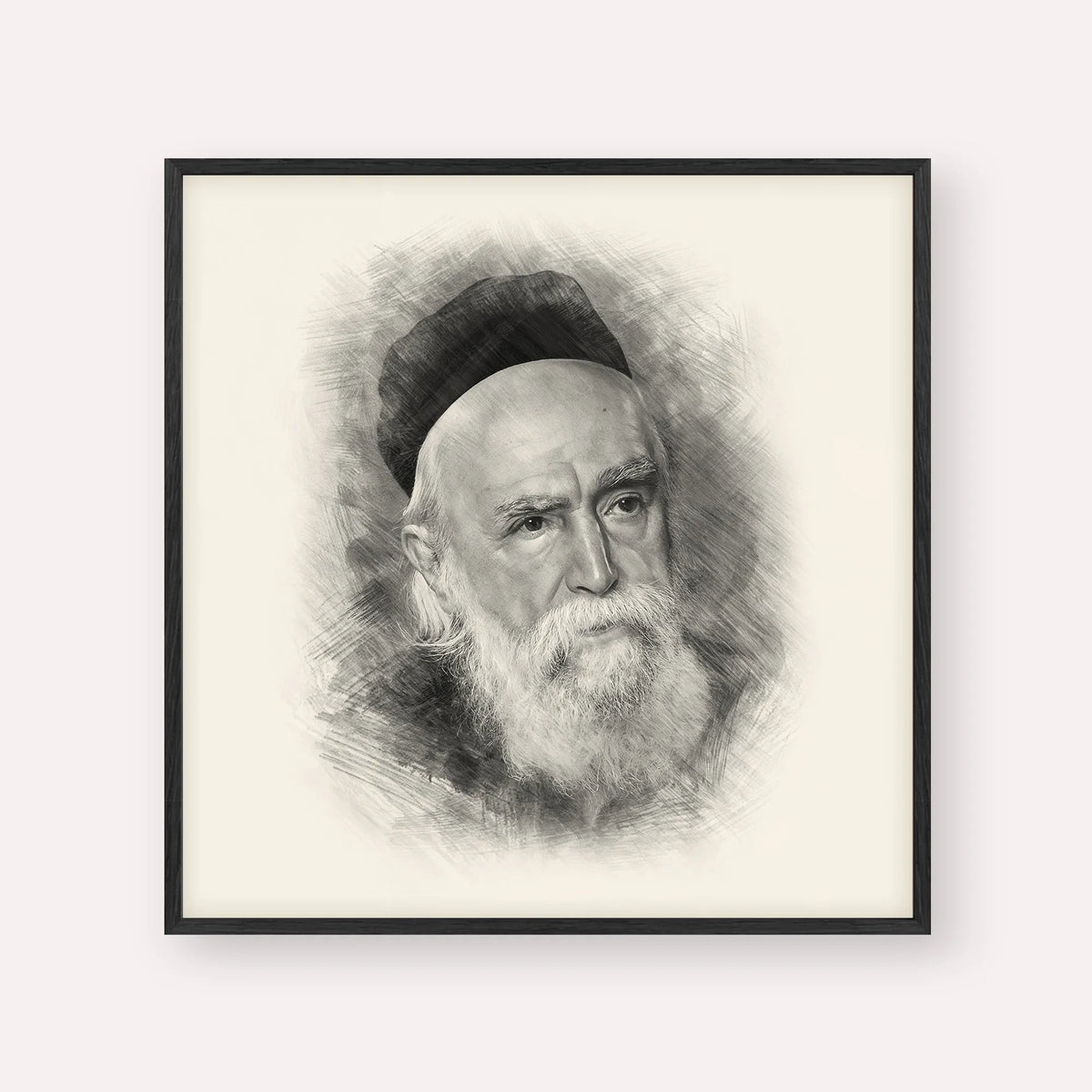 Rabbi Moshe Feinstein, black & white portrait with black frame; square format example
