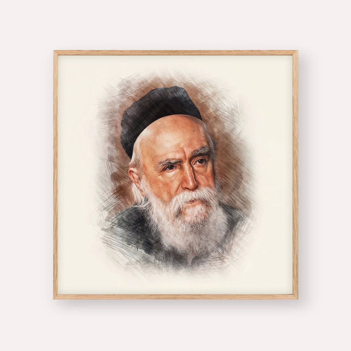 Rabbi Moshe Feinstein, color portrait with wood frame; square format example