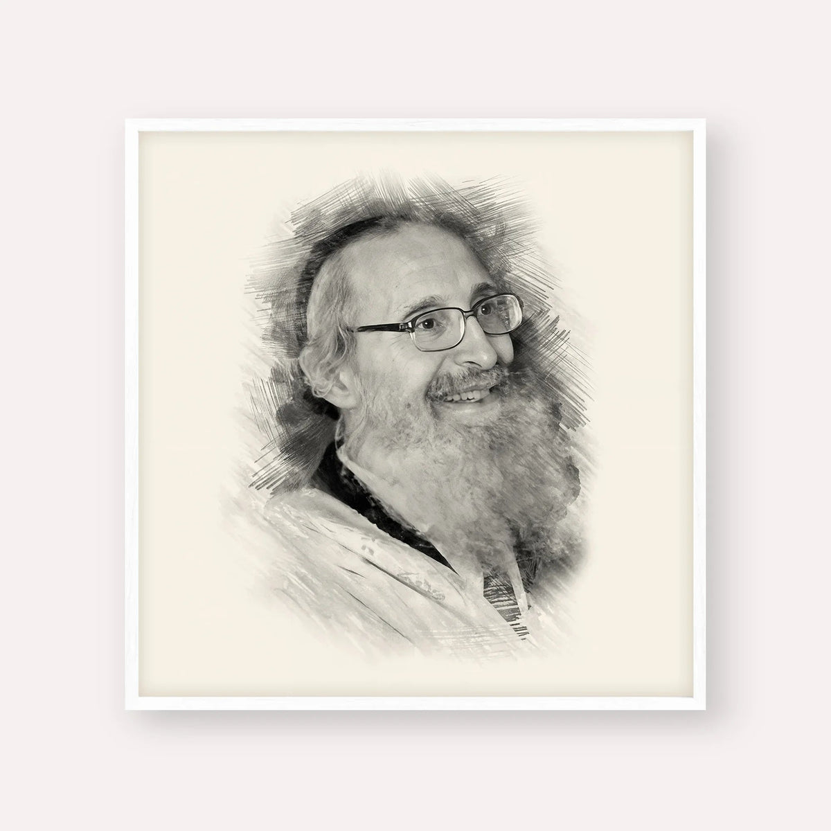 Rabbi Nosson Tzvi Finkel, black & white portrait with white frame; square format example