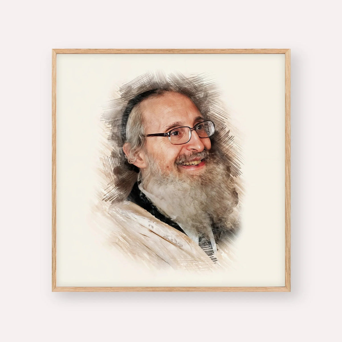 Rabbi Nosson Tzvi Finkel, color portrait with wood frame; square format example