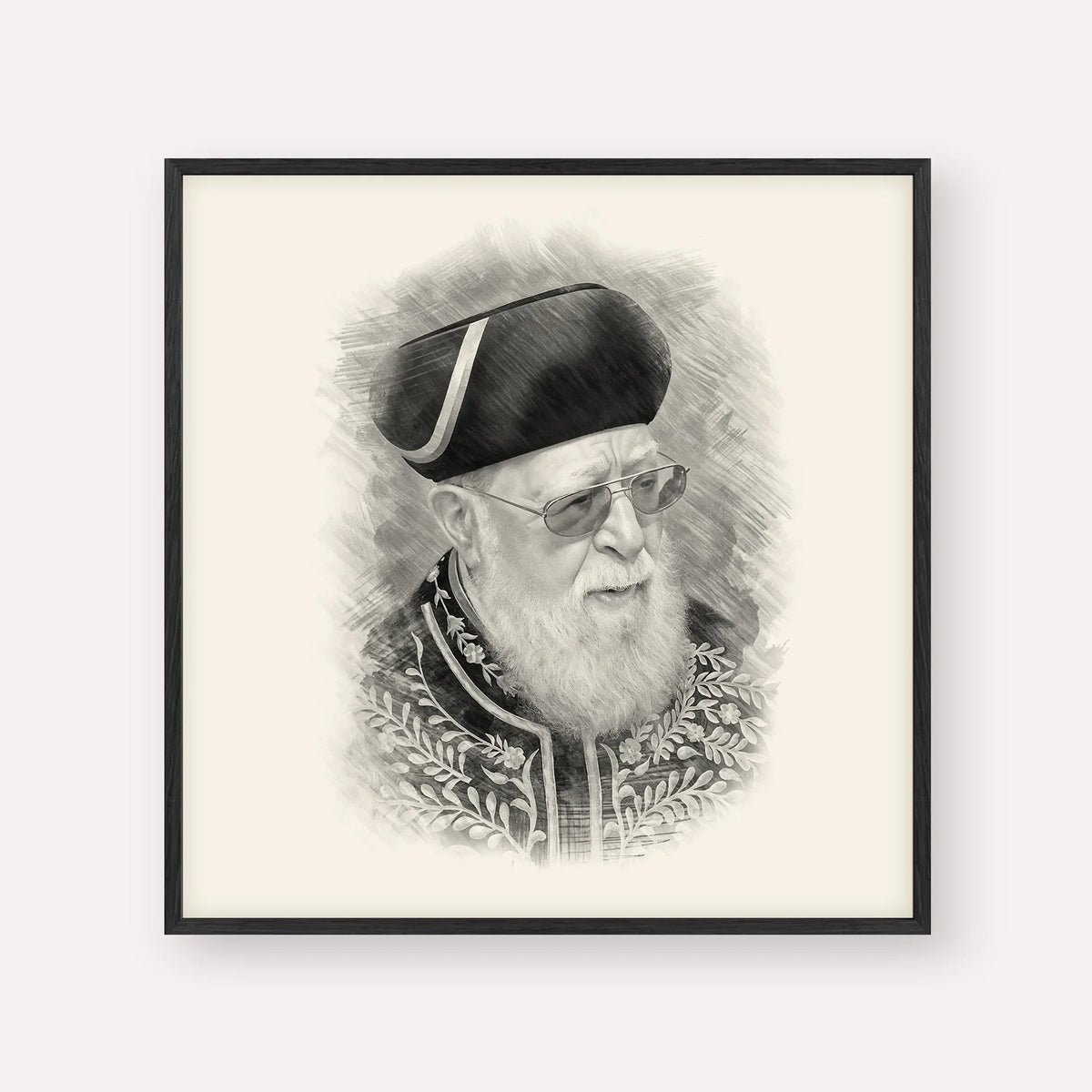 Rabbi Ovadia Yosef, black & white portrait with black frame; square format example