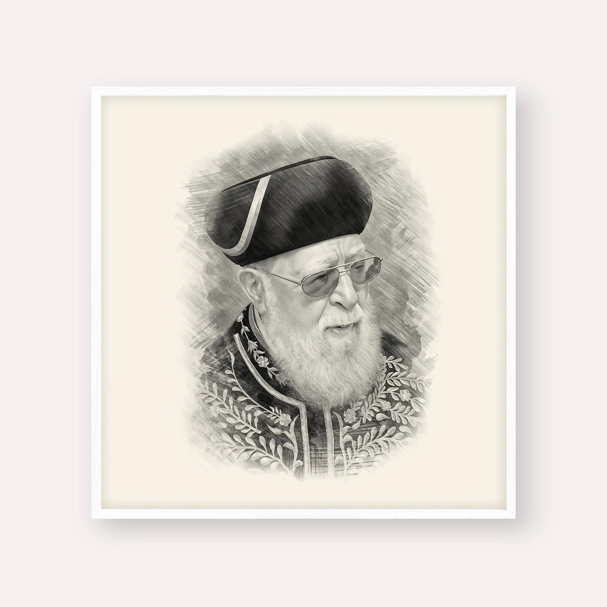 Rabbi Ovadia Yosef, black & white portrait with white frame; square format example