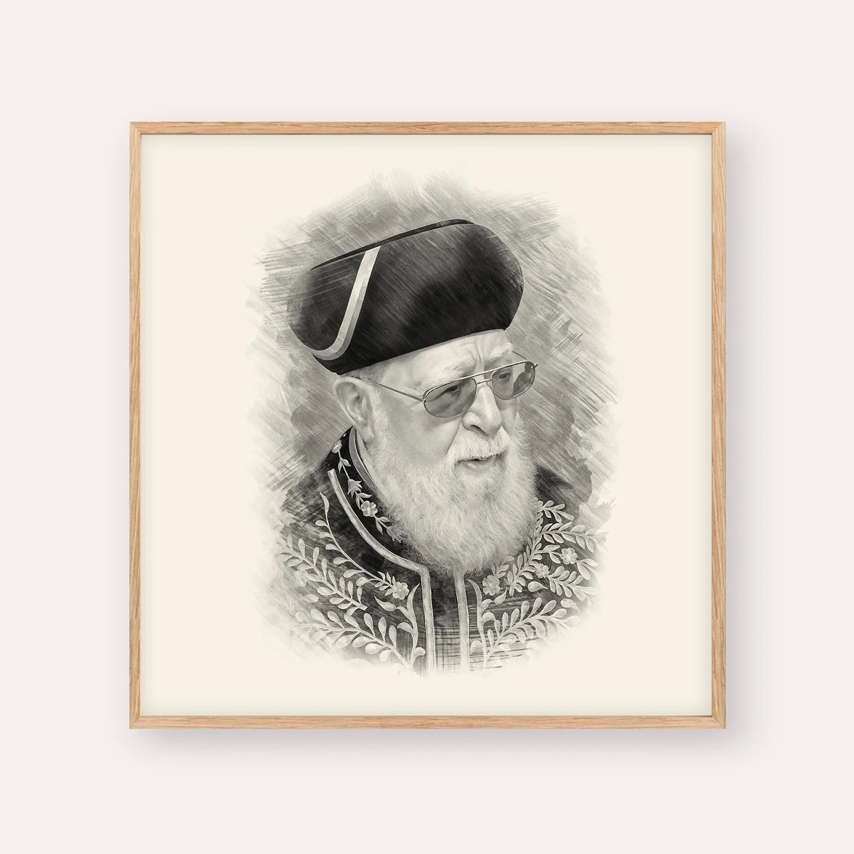Rabbi Ovadia Yosef, black & white portrait with wood frame; square format example