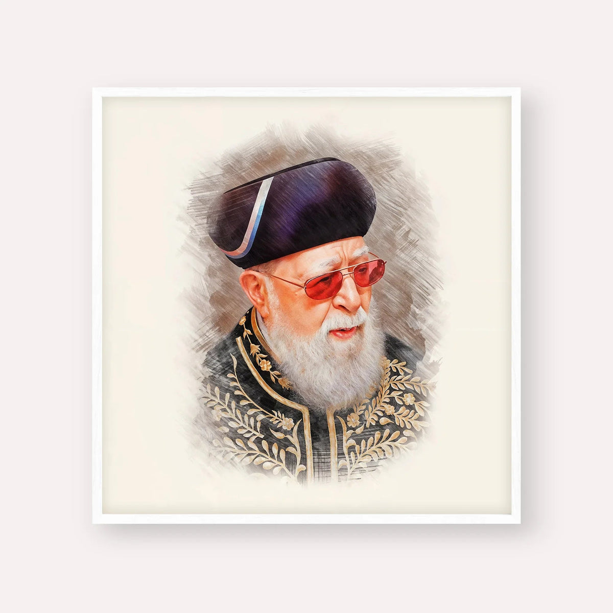Rabbi Ovadia Yosef, color portrait with white frame; square format example