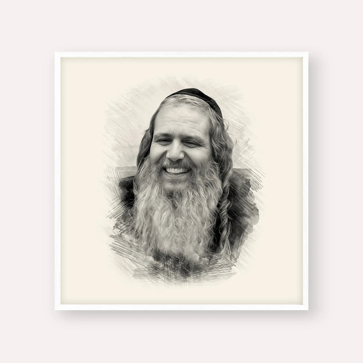 Rabbi Shalom Arush, black & white portrait with white frame; square format example