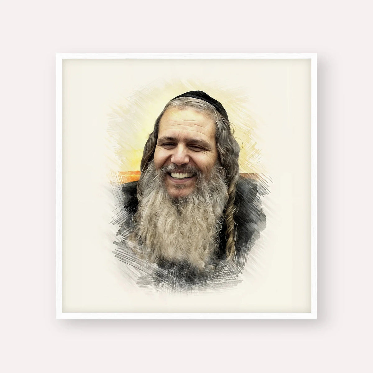 Rabbi Shalom Arush, color portrait with white frame; square format example