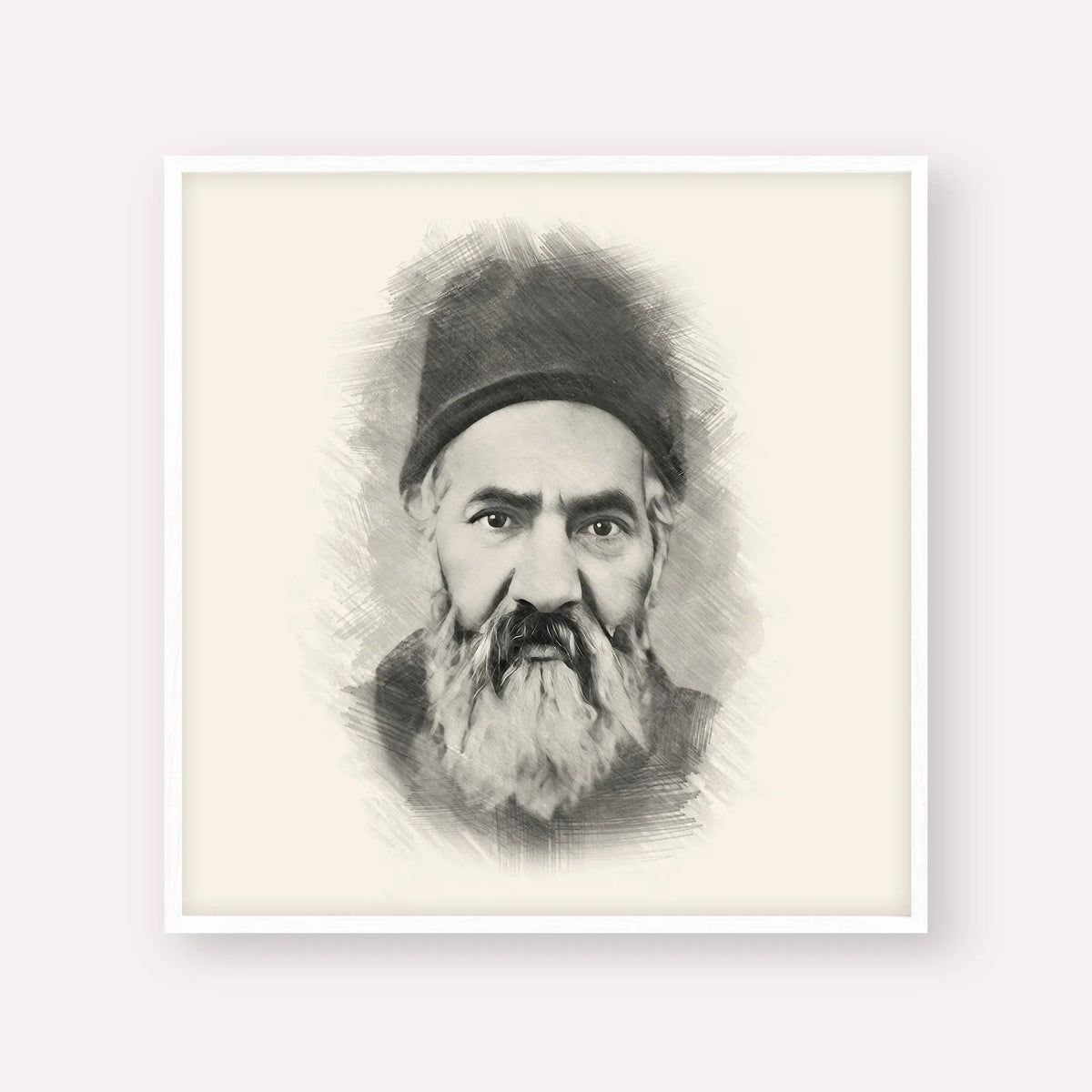 Rabbi Yaakov Chaim Sofer (Kaf Hachaim), black & white portrait with white frame; square format example