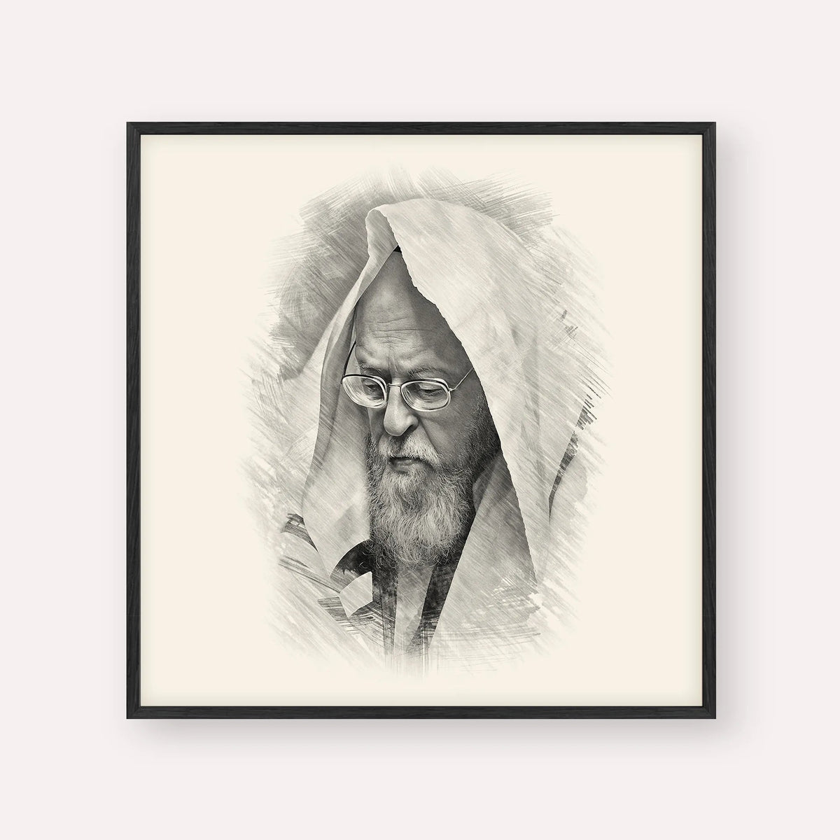 Rabbi Yosef Shalom Elyashiv, black & white portrait with black frame; square format example
