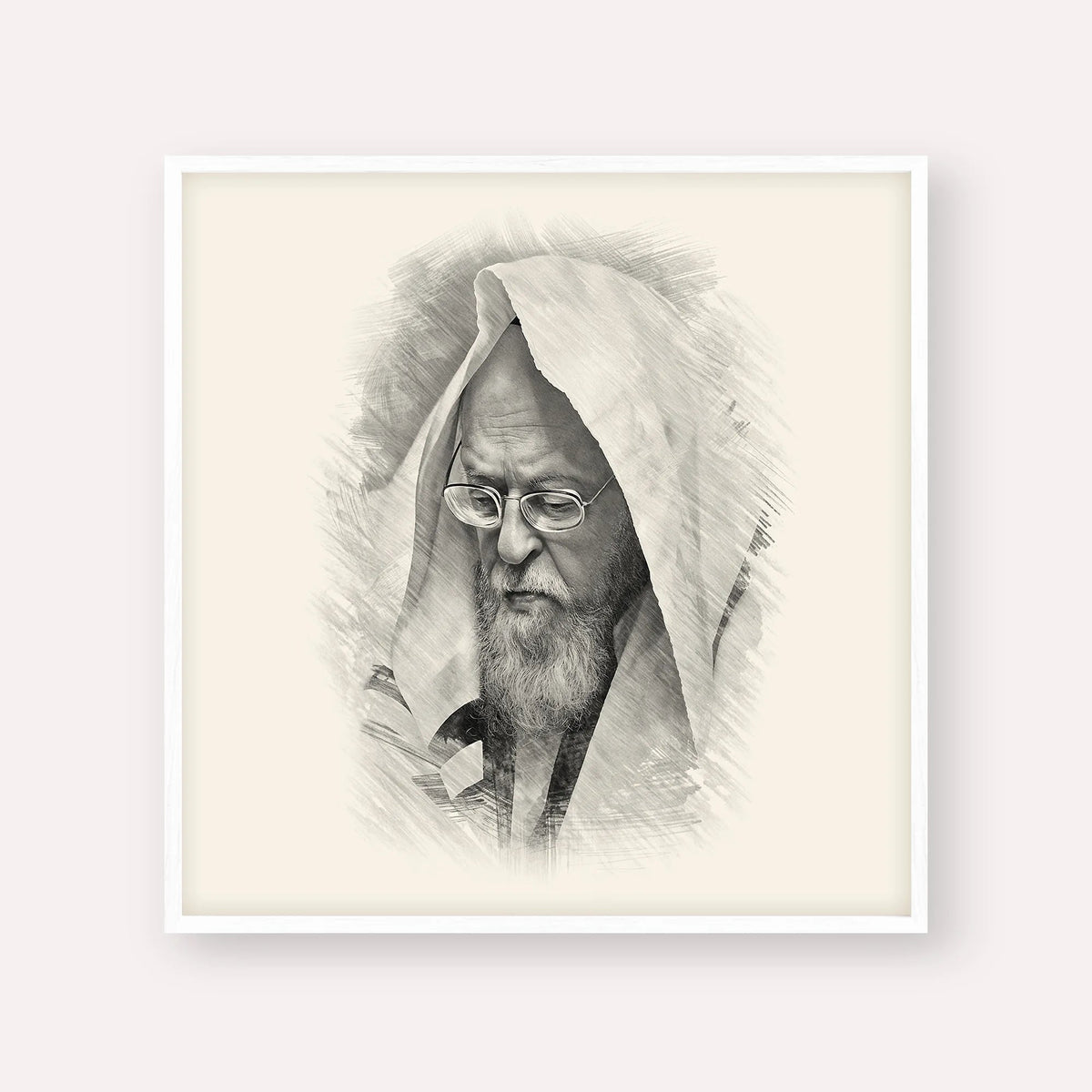 Rabbi Yosef Shalom Elyashiv, black & white portrait with white frame; square format example
